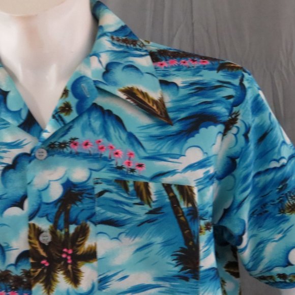 Vintage Hawaiian Aloha Shirt - Ocean Pattern with Neon Palm Trees - Men's Large - Picture 3 of 10